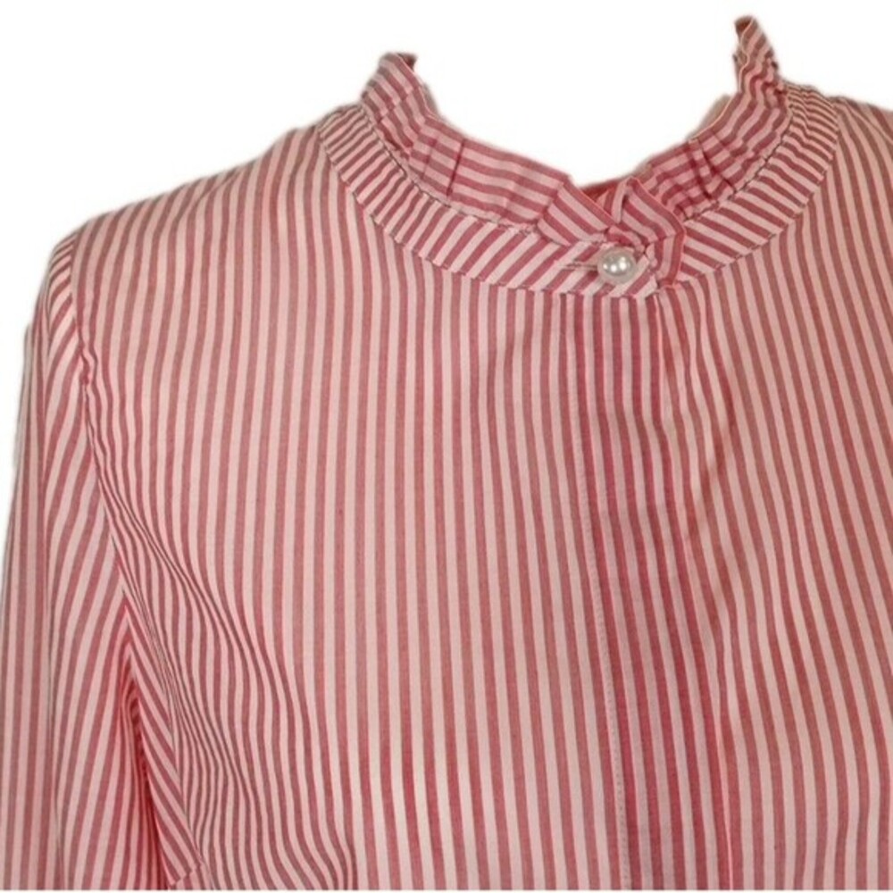 Talbots 100% Cotton Ruffle Collar Blouse‎ M P Red Stripe Victorian Pearl Button